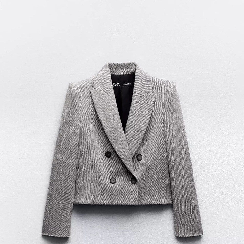 Cropped Herringbone Double-Breasted Blazer